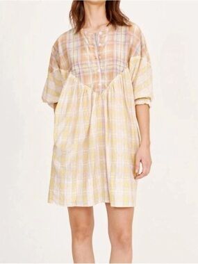 Raquel Allegra Plaid Babydoll Mini Dress Yellow Boho Lagenlook Size 3 Large 6/8